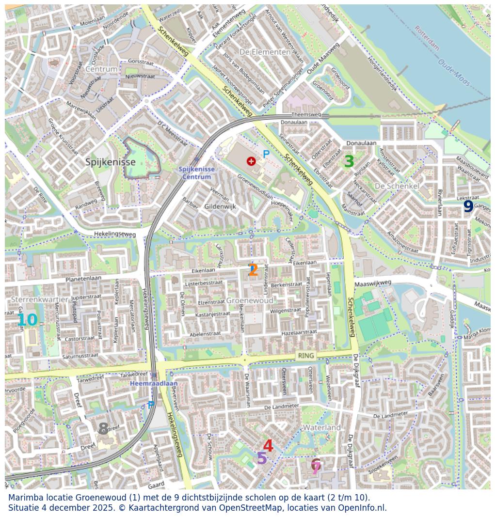Kaart van de school met de tien dichtsbijzijnde scholen. Hierbij zijn de scholen genummerd van 1 tot en met 10. Nummer 1 is toegekend aan de schoolvestiging zelf: Marimba locatie Groenewoud.