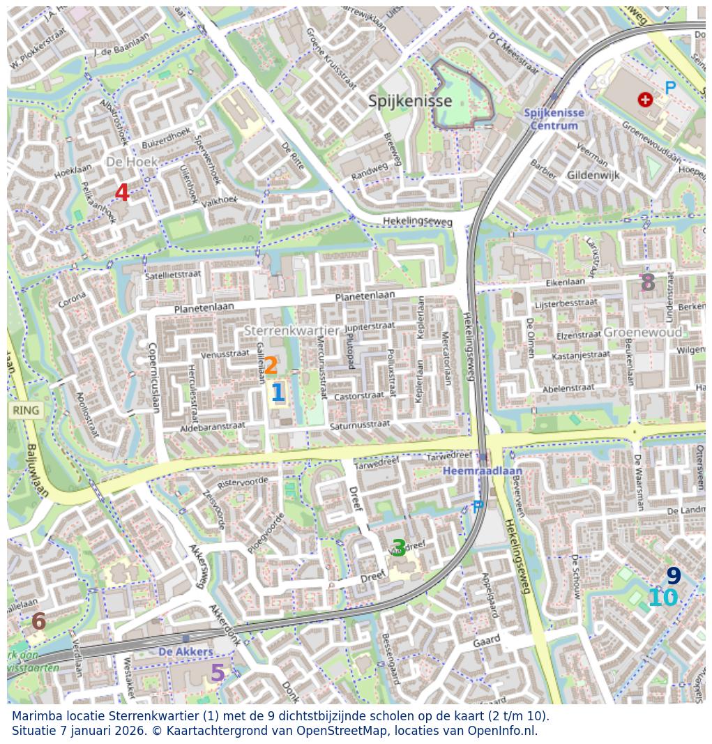 Kaart van de school met de tien dichtsbijzijnde scholen. Hierbij zijn de scholen genummerd van 1 tot en met 10. Nummer 1 is toegekend aan de schoolvestiging zelf: Marimba locatie Sterrenkwartier.