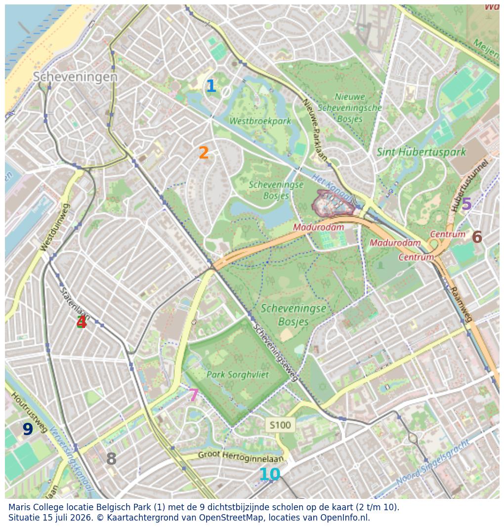 Kaart van de school met de tien dichtsbijzijnde scholen. Hierbij zijn de scholen genummerd van 1 tot en met 10. Nummer 1 is toegekend aan de schoolvestiging zelf: Maris College locatie Belgisch Park.