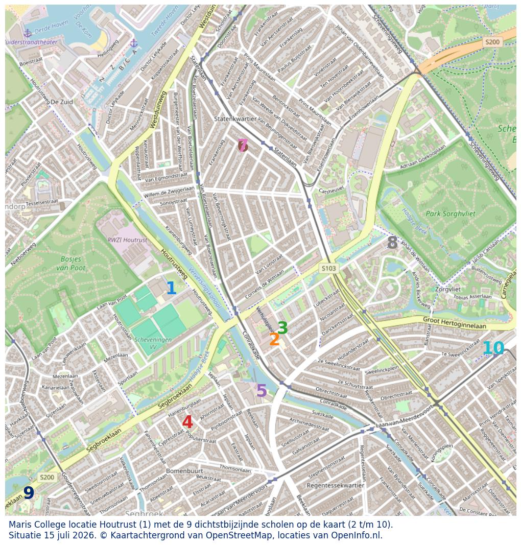 Kaart van de school met de tien dichtsbijzijnde scholen. Hierbij zijn de scholen genummerd van 1 tot en met 10. Nummer 1 is toegekend aan de schoolvestiging zelf: Maris College locatie Houtrust.