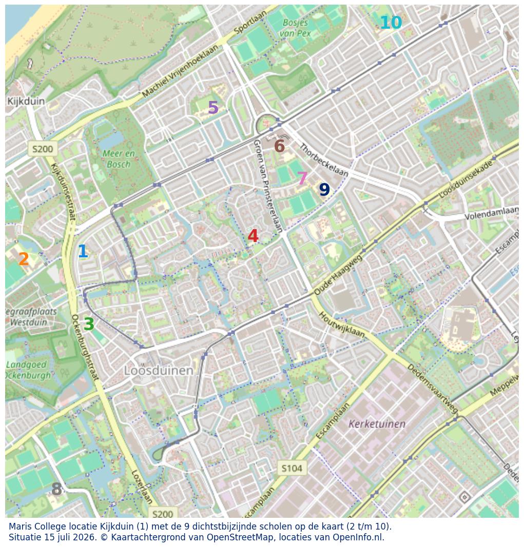 Kaart van de school met de tien dichtsbijzijnde scholen. Hierbij zijn de scholen genummerd van 1 tot en met 10. Nummer 1 is toegekend aan de schoolvestiging zelf: Maris College locatie Kijkduin.