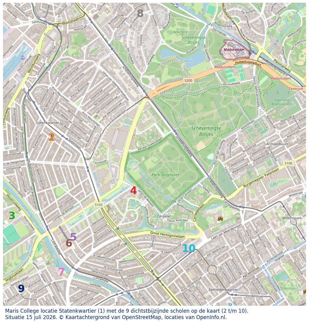 Kaart van de school met de tien dichtsbijzijnde scholen. Hierbij zijn de scholen genummerd van 1 tot en met 10. Nummer 1 is toegekend aan de schoolvestiging zelf: Maris College locatie Statenkwartier.