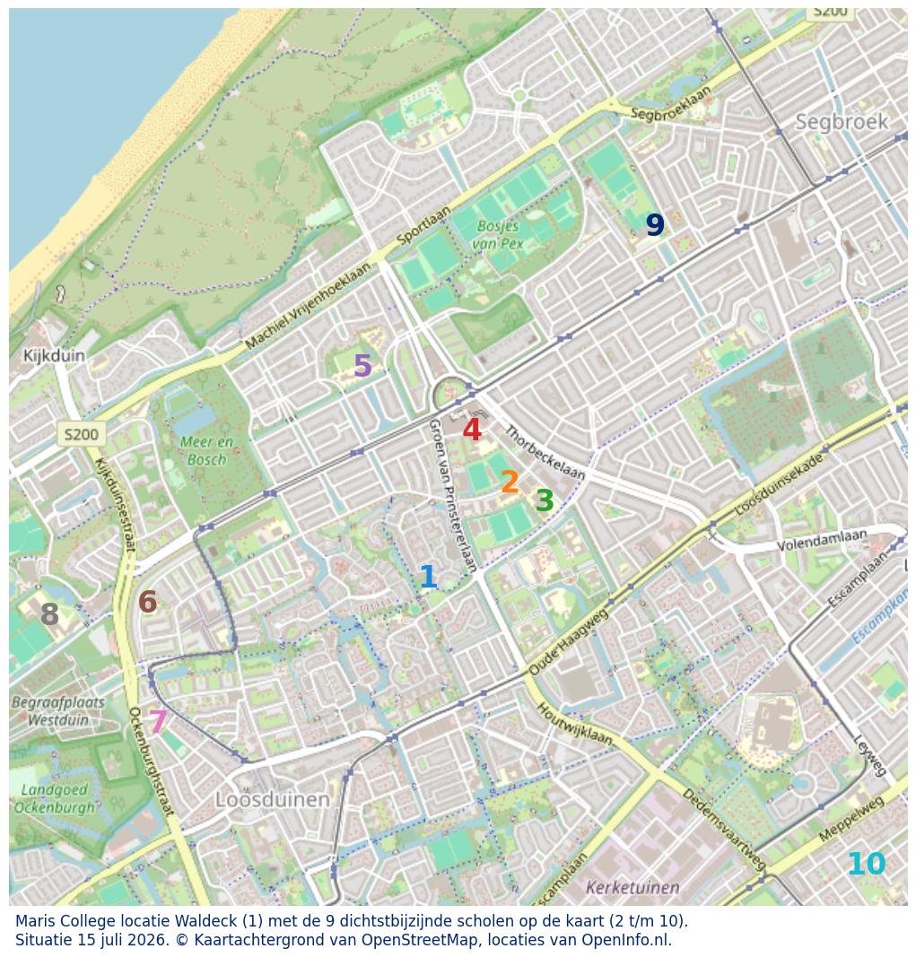 Kaart van de school met de tien dichtsbijzijnde scholen. Hierbij zijn de scholen genummerd van 1 tot en met 10. Nummer 1 is toegekend aan de schoolvestiging zelf: Maris College locatie Waldeck.
