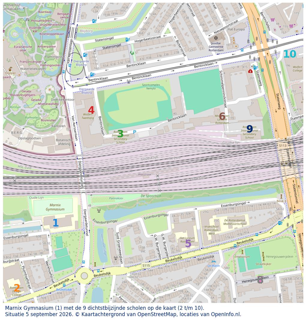 Kaart van de school met de tien dichtstbijzijnde scholen. Hierbij zijn de scholen genummerd van 1 tot en met 10. Nummer 1 is toegekend aan de schoolvestiging zelf: Marnix Gymnasium.