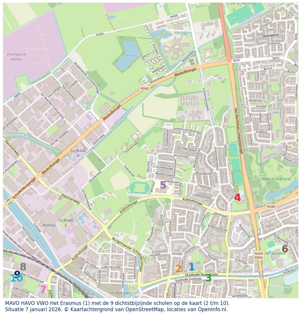 Kaart van de school met de tien dichtsbijzijnde scholen. Hierbij zijn de scholen genummerd van 1 tot en met 10. Nummer 1 is toegekend aan de schoolvestiging zelf: MAVO HAVO VWO Het Erasmus.