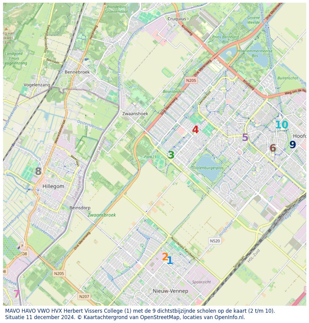 Kaart van de school met de tien dichtsbijzijnde scholen. Hierbij zijn de scholen genummerd van 1 tot en met 10. Nummer 1 is toegekend aan de schoolvestiging zelf: MAVO HAVO VWO HVX Herbert Vissers College.