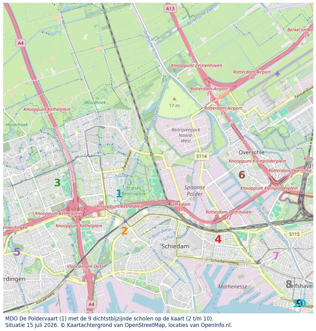 Kaart van de school met de tien dichtsbijzijnde scholen. Hierbij zijn de scholen genummerd van 1 tot en met 10. Nummer 1 is toegekend aan de schoolvestiging zelf: MDO De Poldervaart.