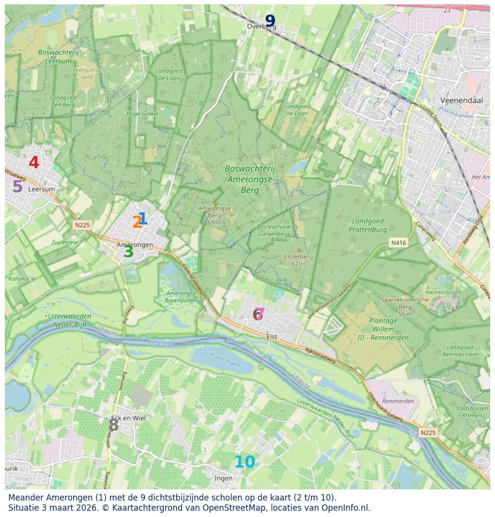 Kaart van de school met de tien dichtsbijzijnde scholen. Hierbij zijn de scholen genummerd van 1 tot en met 10. Nummer 1 is toegekend aan de schoolvestiging zelf: Meander Amerongen.
