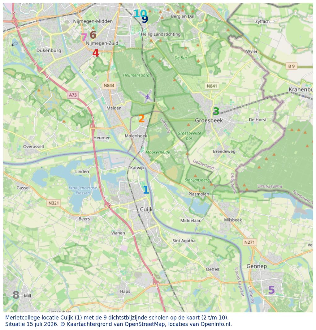 Kaart van de school met de tien dichtsbijzijnde scholen. Hierbij zijn de scholen genummerd van 1 tot en met 10. Nummer 1 is toegekend aan de schoolvestiging zelf: Merletcollege locatie Cuijk.