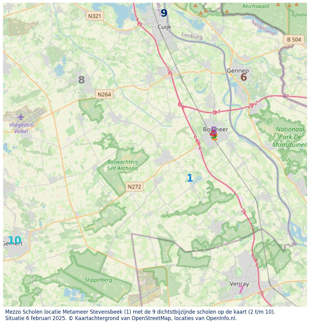 Kaart van de school met de tien dichtsbijzijnde scholen. Hierbij zijn de scholen genummerd van 1 tot en met 10. Nummer 1 is toegekend aan de schoolvestiging zelf: Mezzo Scholen locatie Metameer Stevensbeek.