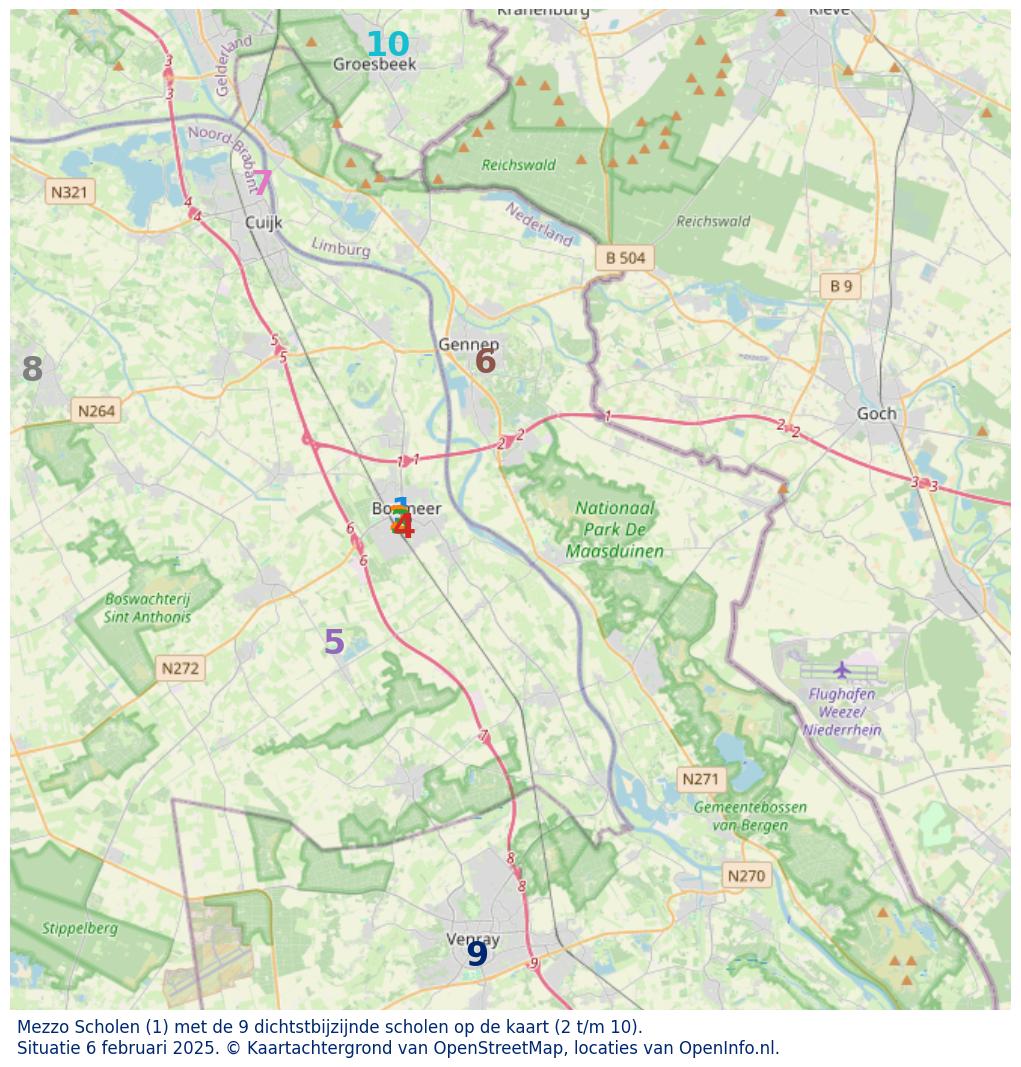 Kaart van de school met de tien dichtsbijzijnde scholen. Hierbij zijn de scholen genummerd van 1 tot en met 10. Nummer 1 is toegekend aan de schoolvestiging zelf: Mezzo Scholen.