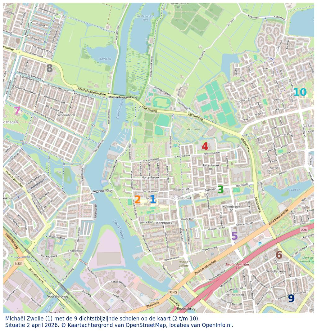 Kaart van de school met de tien dichtsbijzijnde scholen. Hierbij zijn de scholen genummerd van 1 tot en met 10. Nummer 1 is toegekend aan de schoolvestiging zelf: Michaël Zwolle.