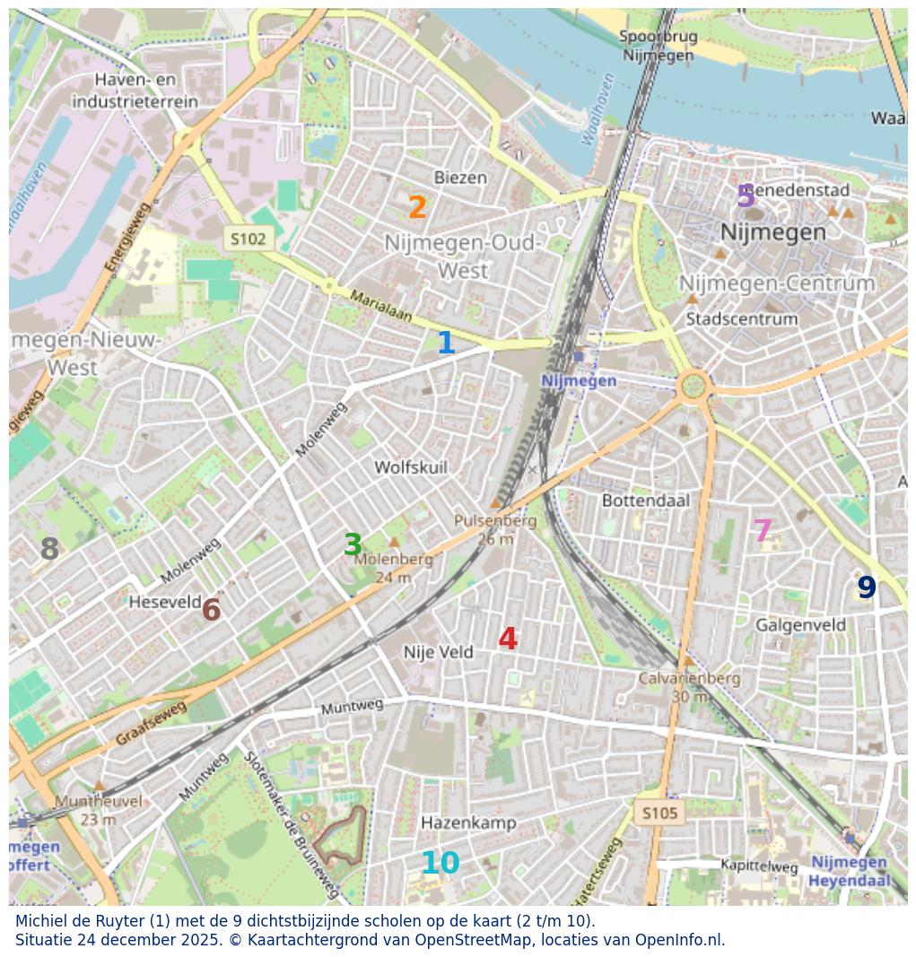Kaart van de school met de tien dichtsbijzijnde scholen. Hierbij zijn de scholen genummerd van 1 tot en met 10. Nummer 1 is toegekend aan de schoolvestiging zelf: Michiel de Ruyter.