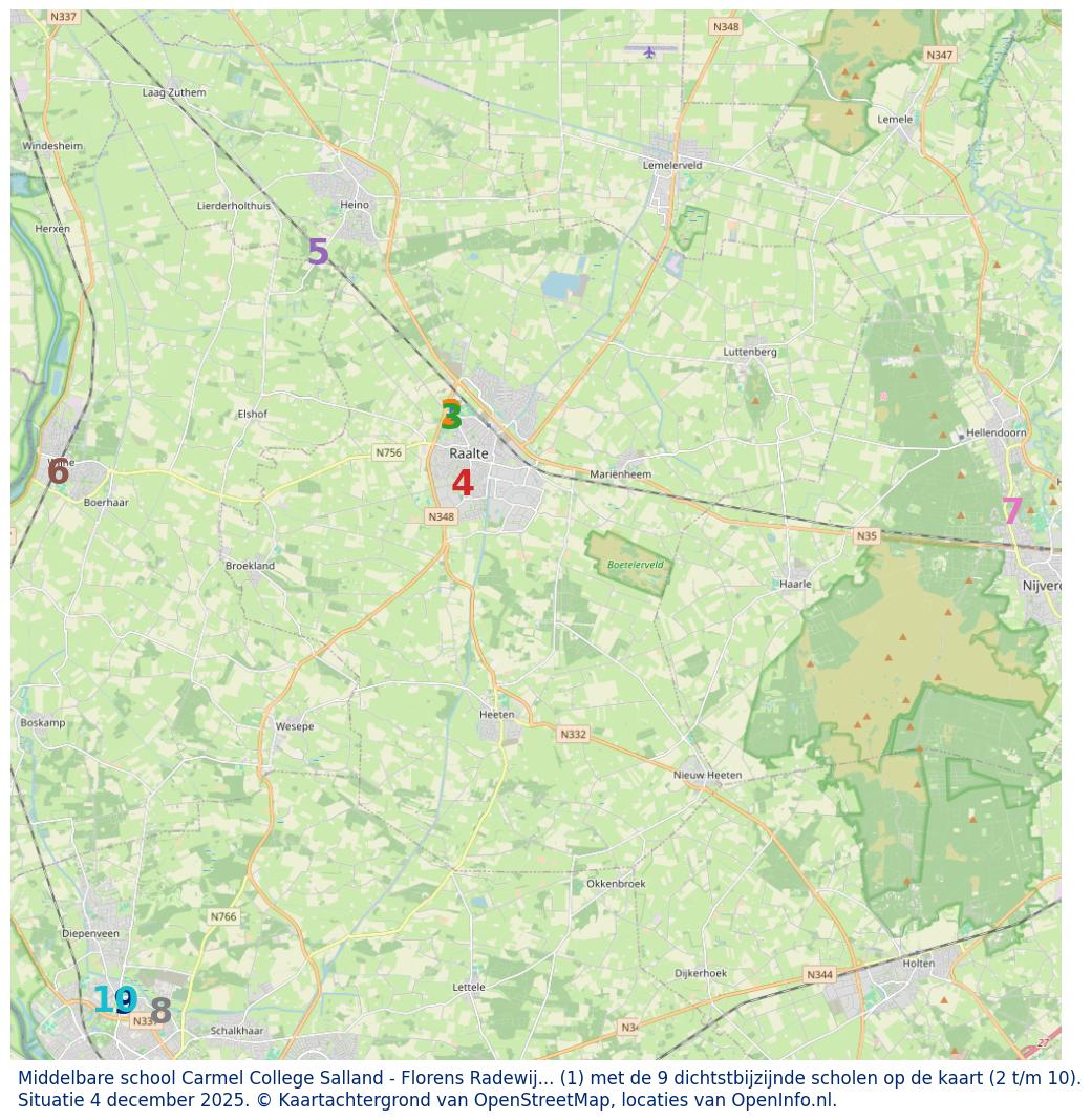 Kaart van de school met de tien dichtsbijzijnde scholen. Hierbij zijn de scholen genummerd van 1 tot en met 10. Nummer 1 is toegekend aan de schoolvestiging zelf: Middelbare school Carmel College Salland - Florens Radewijnsstraat.