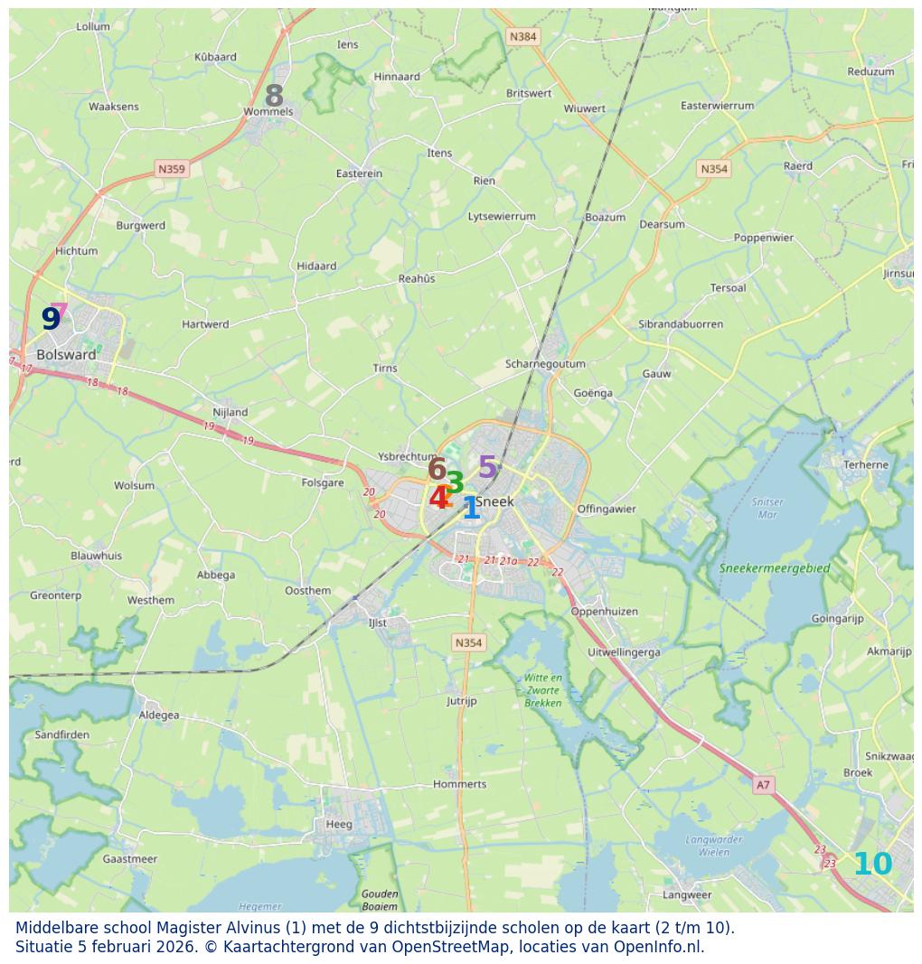 Kaart van de school met de tien dichtsbijzijnde scholen. Hierbij zijn de scholen genummerd van 1 tot en met 10. Nummer 1 is toegekend aan de schoolvestiging zelf: Middelbare school Magister Alvinus.