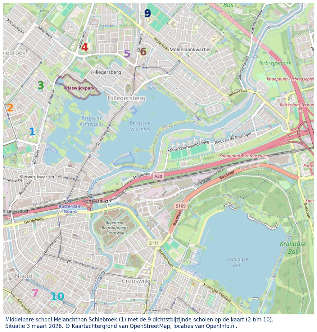 Kaart van de school met de tien dichtsbijzijnde scholen. Hierbij zijn de scholen genummerd van 1 tot en met 10. Nummer 1 is toegekend aan de schoolvestiging zelf: Middelbare school Melanchthon Schiebroek.