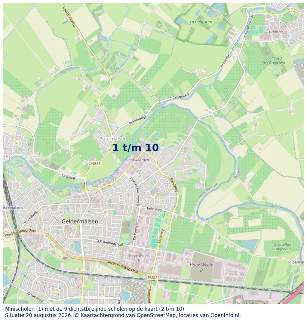 Kaart van de school met de tien dichtsbijzijnde scholen. Hierbij zijn de scholen genummerd van 1 tot en met 10. Nummer 1 is toegekend aan de schoolvestiging zelf: Minischolen.