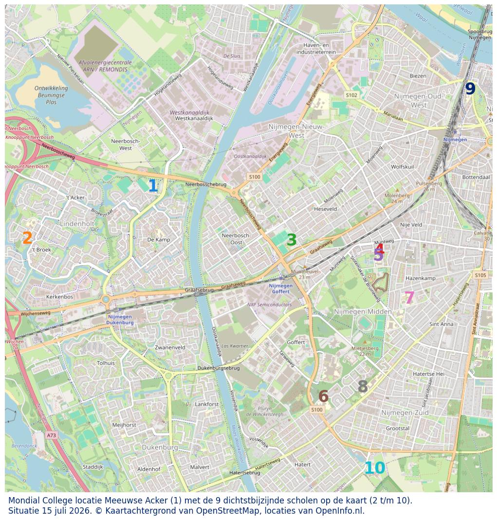 Kaart van de school met de tien dichtsbijzijnde scholen. Hierbij zijn de scholen genummerd van 1 tot en met 10. Nummer 1 is toegekend aan de schoolvestiging zelf: Mondial College locatie Meeuwse Acker.