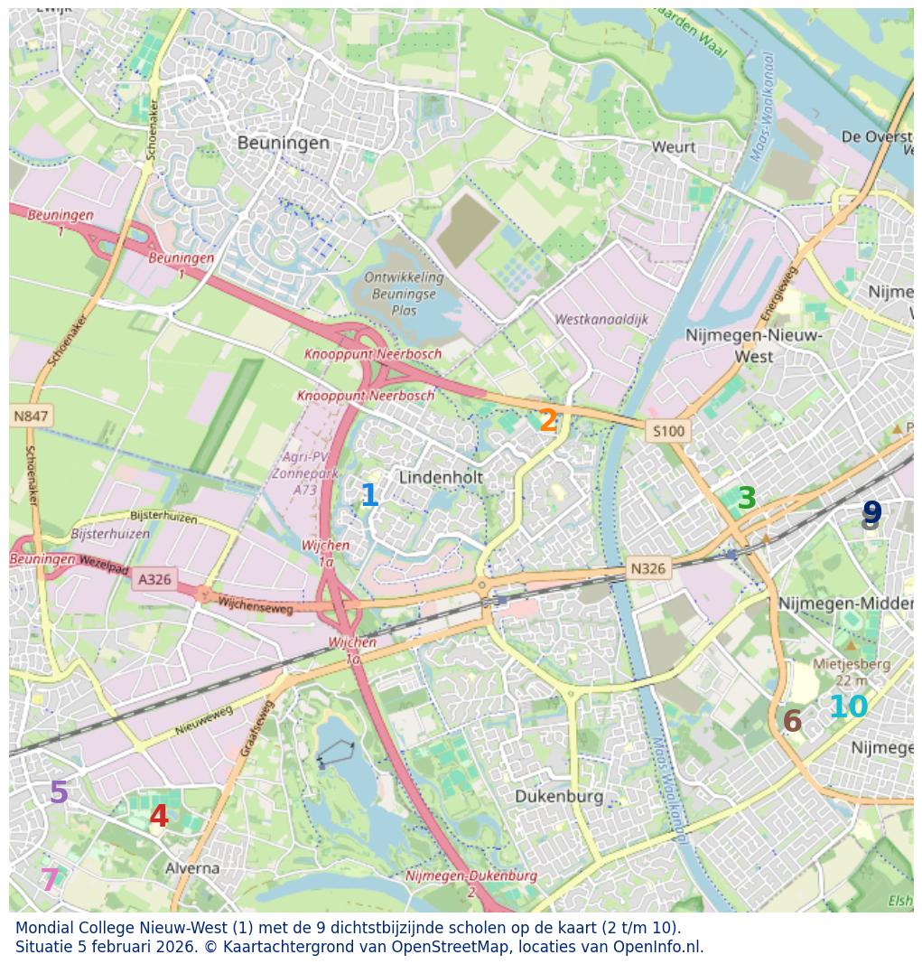 Kaart van de school met de tien dichtsbijzijnde scholen. Hierbij zijn de scholen genummerd van 1 tot en met 10. Nummer 1 is toegekend aan de schoolvestiging zelf: Mondial College Nieuw-West.