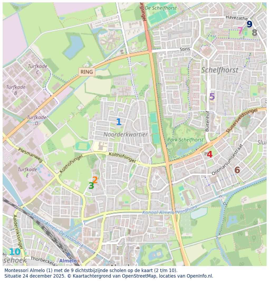 Kaart van de school met de tien dichtsbijzijnde scholen. Hierbij zijn de scholen genummerd van 1 tot en met 10. Nummer 1 is toegekend aan de schoolvestiging zelf: Montessori Almelo.
