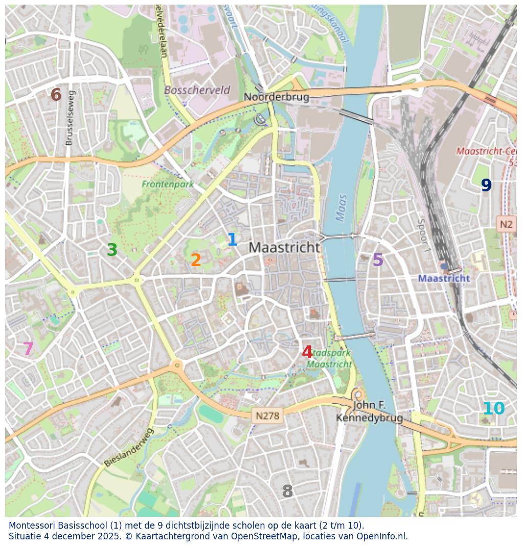Kaart van de school met de tien dichtsbijzijnde scholen. Hierbij zijn de scholen genummerd van 1 tot en met 10. Nummer 1 is toegekend aan de schoolvestiging zelf: Montessori Basisschool.