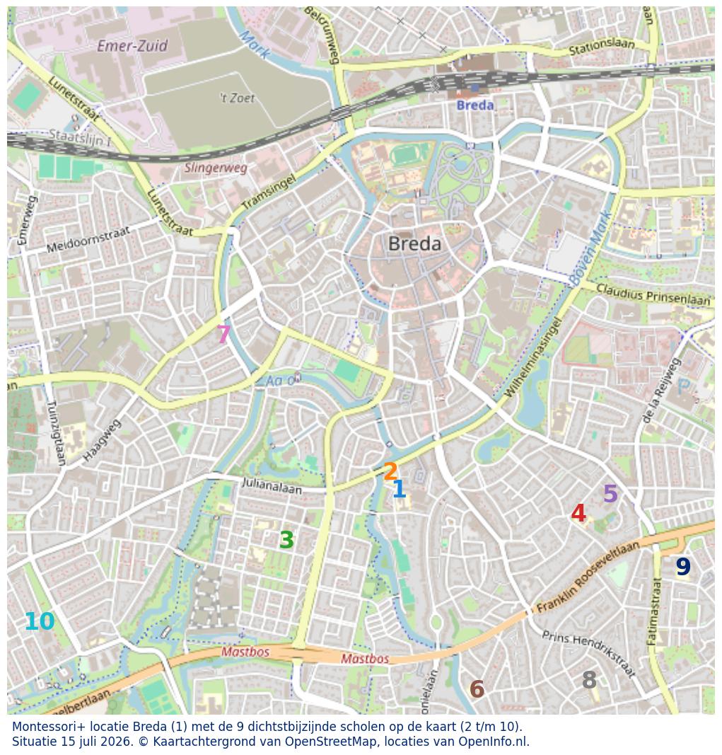 Kaart van de school met de tien dichtsbijzijnde scholen. Hierbij zijn de scholen genummerd van 1 tot en met 10. Nummer 1 is toegekend aan de schoolvestiging zelf: Montessori+ locatie Breda.