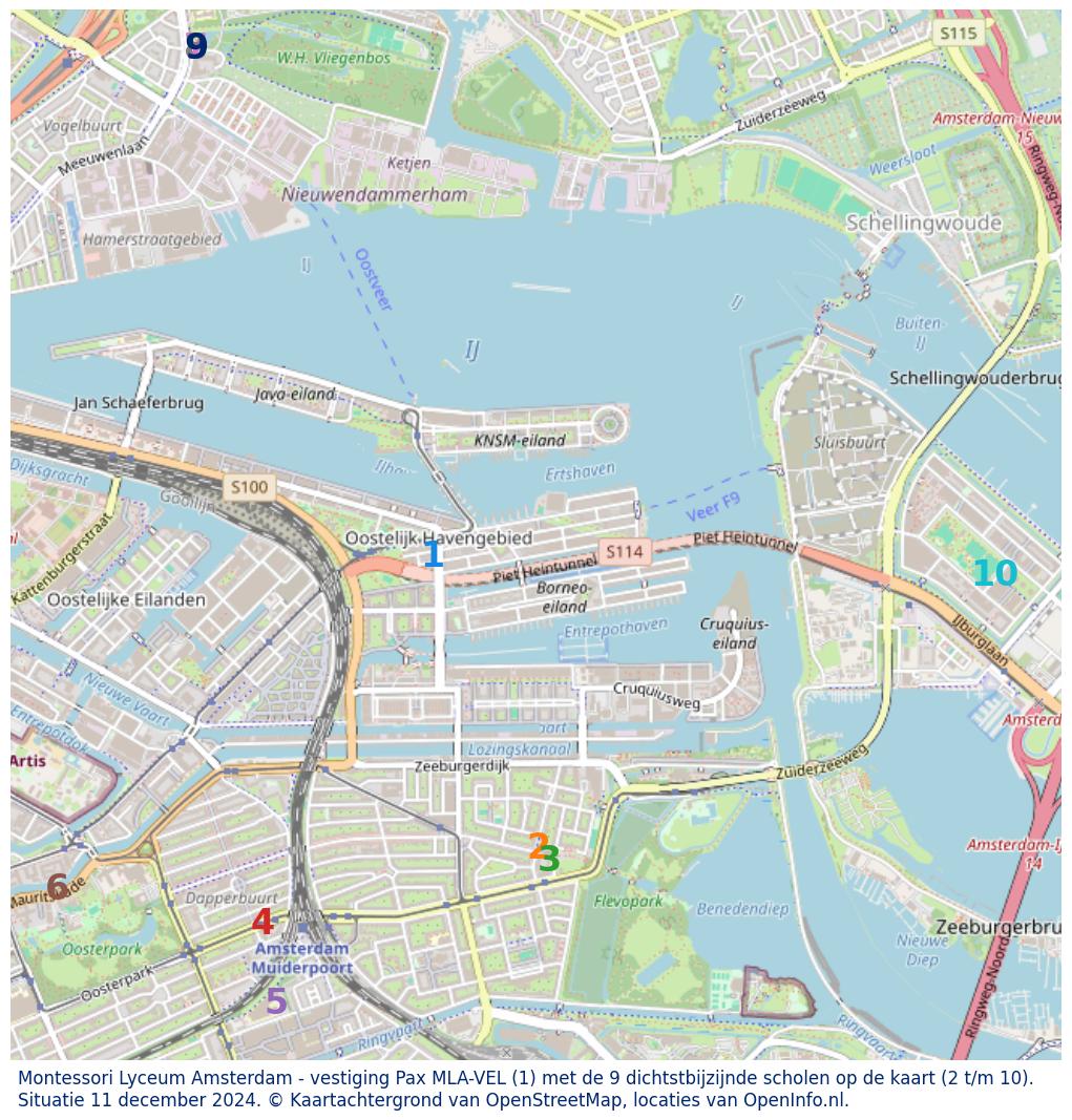 Kaart van de school met de tien dichtsbijzijnde scholen. Hierbij zijn de scholen genummerd van 1 tot en met 10. Nummer 1 is toegekend aan de schoolvestiging zelf: Montessori Lyceum Amsterdam - vestiging Pax MLA-VEL.