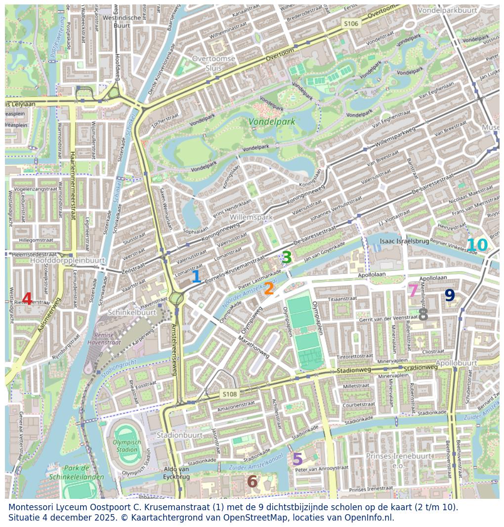Kaart van de school met de tien dichtsbijzijnde scholen. Hierbij zijn de scholen genummerd van 1 tot en met 10. Nummer 1 is toegekend aan de schoolvestiging zelf: Montessori Lyceum Oostpoort C. Krusemanstraat.