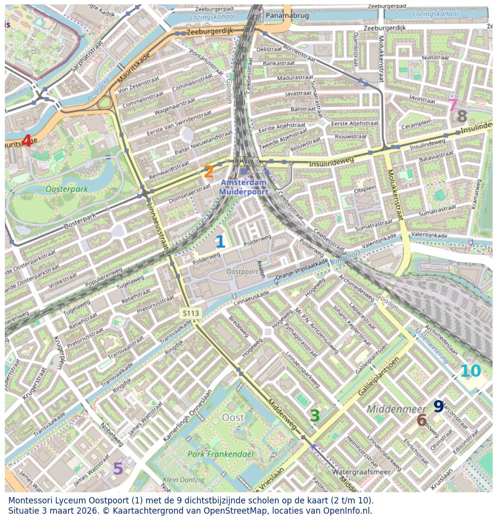 Kaart van de school met de tien dichtsbijzijnde scholen. Hierbij zijn de scholen genummerd van 1 tot en met 10. Nummer 1 is toegekend aan de schoolvestiging zelf: Montessori Lyceum Oostpoort.