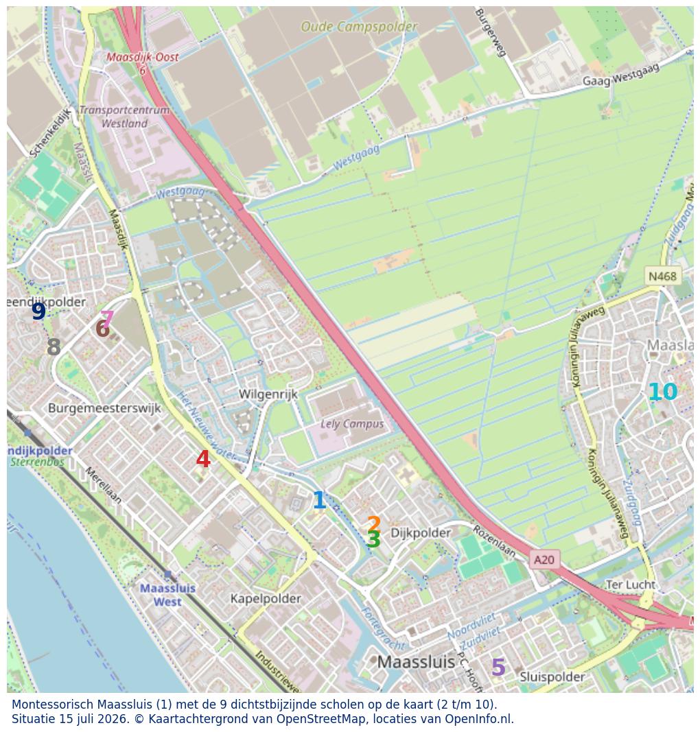 Kaart van de school met de tien dichtsbijzijnde scholen. Hierbij zijn de scholen genummerd van 1 tot en met 10. Nummer 1 is toegekend aan de schoolvestiging zelf: Montessorisch Maassluis.