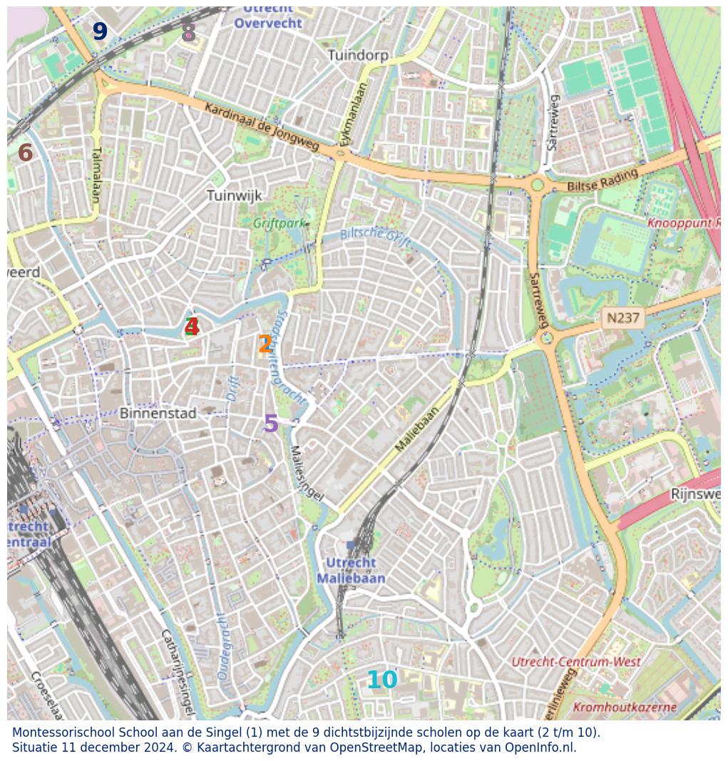 Kaart van de school met de tien dichtsbijzijnde scholen. Hierbij zijn de scholen genummerd van 1 tot en met 10. Nummer 1 is toegekend aan de schoolvestiging zelf: Montessorischool School aan de Singel.