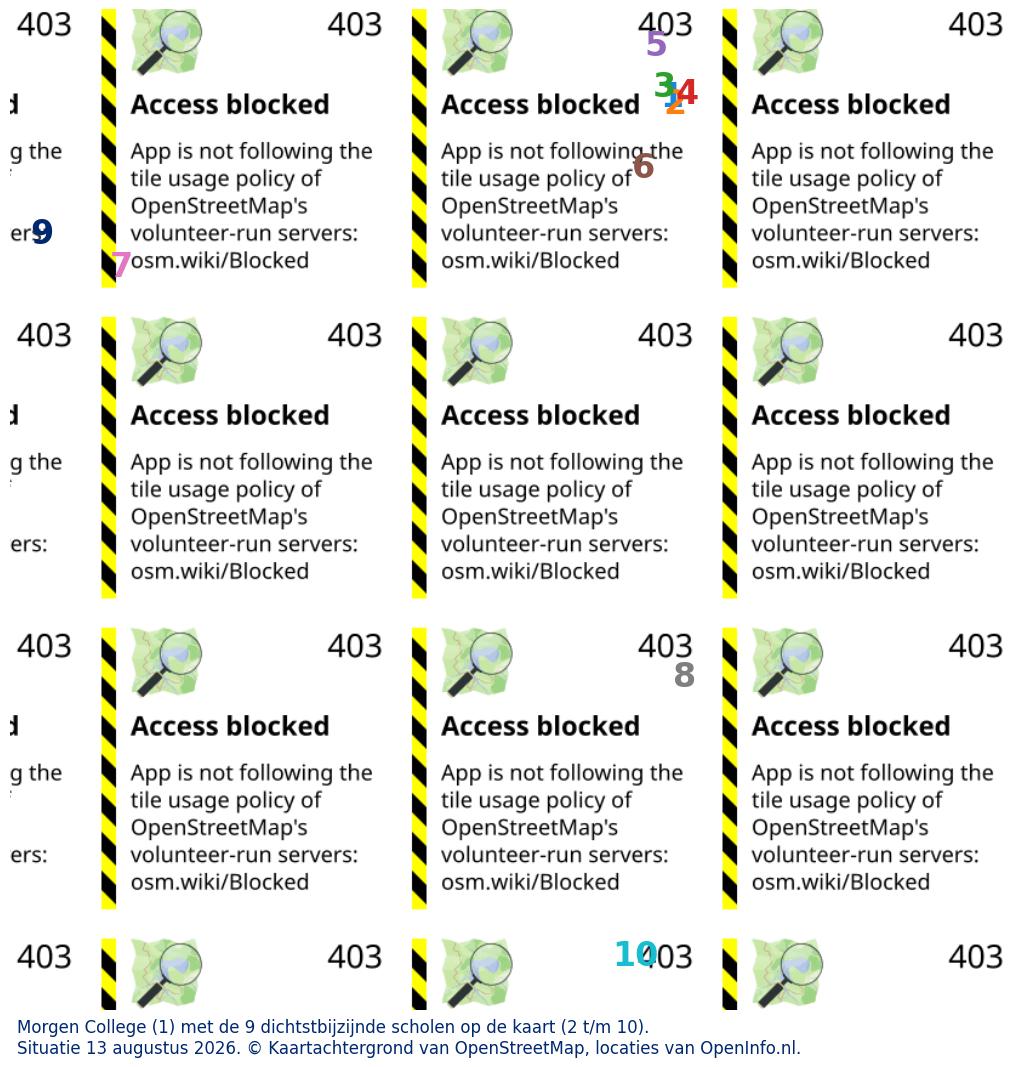 Kaart van de school met de tien dichtsbijzijnde scholen. Hierbij zijn de scholen genummerd van 1 tot en met 10. Nummer 1 is toegekend aan de schoolvestiging zelf: Morgen College.