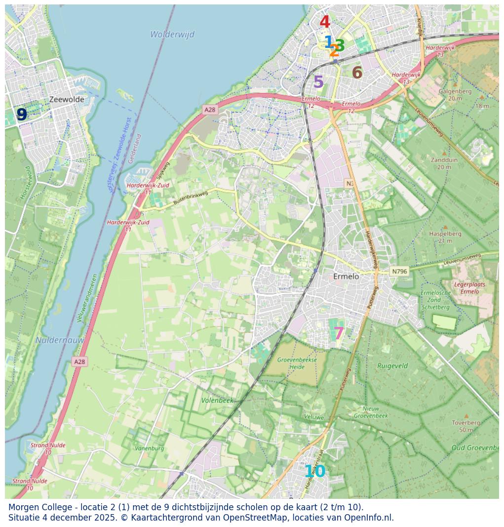 Kaart van de school met de tien dichtsbijzijnde scholen. Hierbij zijn de scholen genummerd van 1 tot en met 10. Nummer 1 is toegekend aan de schoolvestiging zelf: Morgen College - locatie 2.