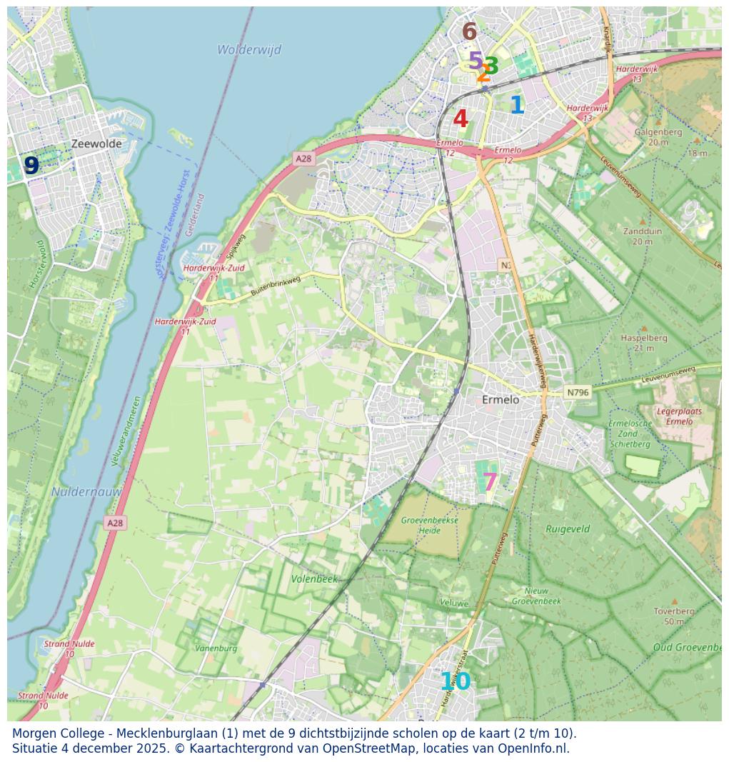 Kaart van de school met de tien dichtsbijzijnde scholen. Hierbij zijn de scholen genummerd van 1 tot en met 10. Nummer 1 is toegekend aan de schoolvestiging zelf: Morgen College - Mecklenburglaan.