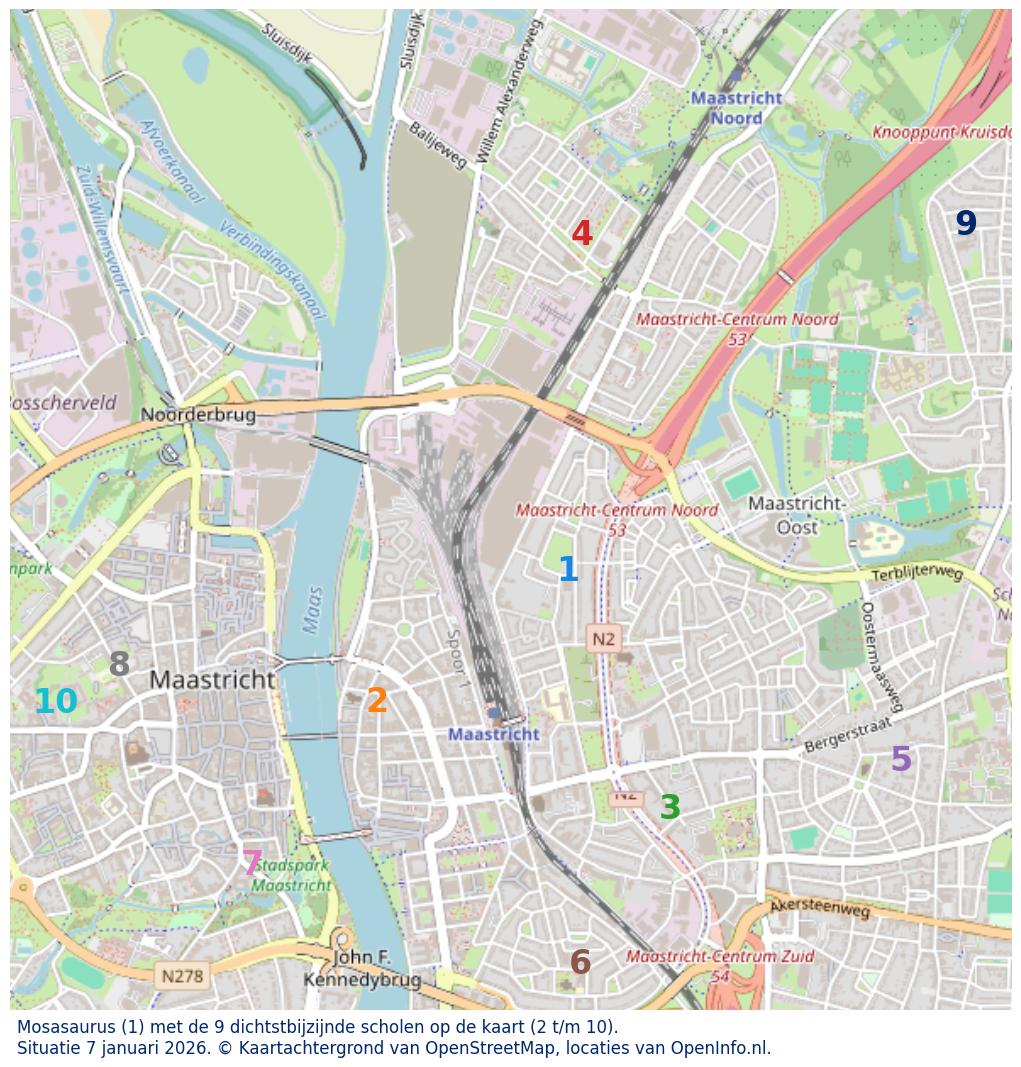 Kaart van de school met de tien dichtsbijzijnde scholen. Hierbij zijn de scholen genummerd van 1 tot en met 10. Nummer 1 is toegekend aan de schoolvestiging zelf: Mosasaurus.