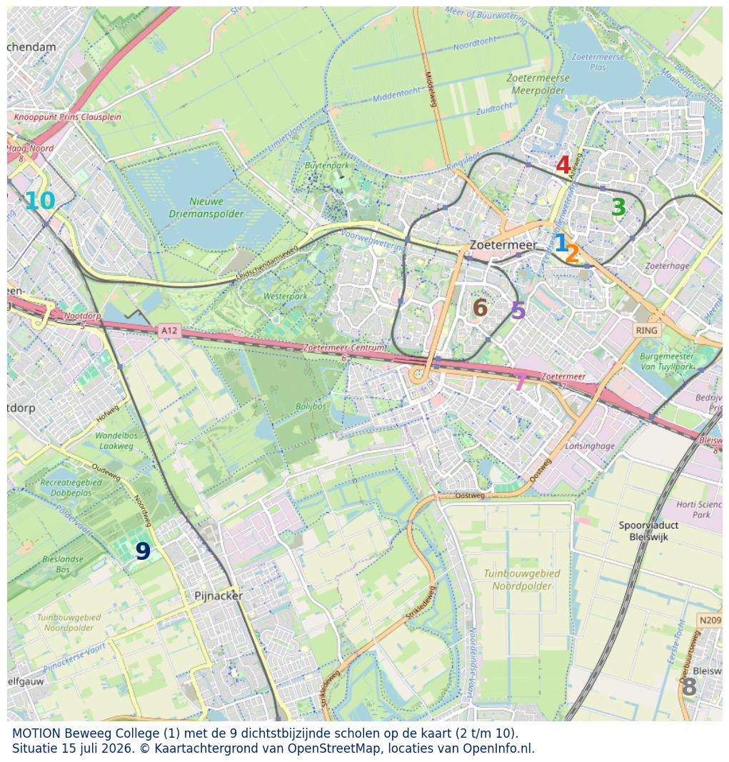 Kaart van de school met de tien dichtsbijzijnde scholen. Hierbij zijn de scholen genummerd van 1 tot en met 10. Nummer 1 is toegekend aan de schoolvestiging zelf: MOTION Beweeg College.