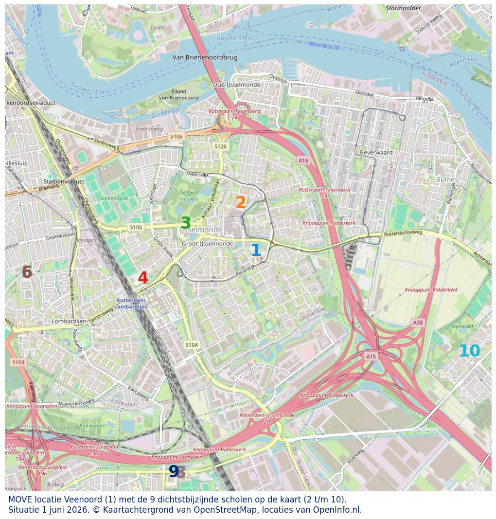 Kaart van de school met de tien dichtsbijzijnde scholen. Hierbij zijn de scholen genummerd van 1 tot en met 10. Nummer 1 is toegekend aan de schoolvestiging zelf: MOVE locatie Veenoord.