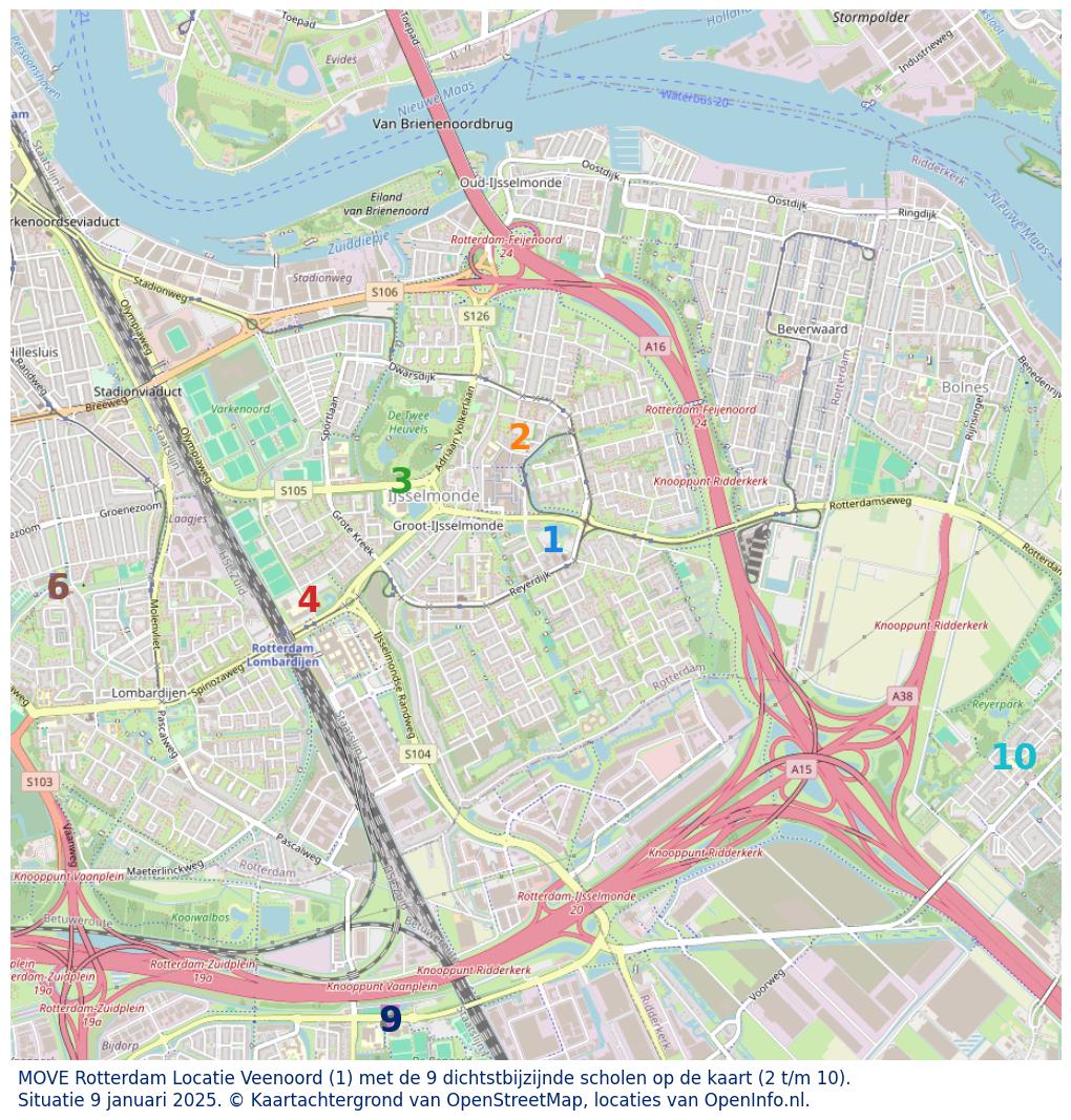 Kaart van de school met de tien dichtsbijzijnde scholen. Hierbij zijn de scholen genummerd van 1 tot en met 10. Nummer 1 is toegekend aan de schoolvestiging zelf: MOVE Rotterdam Locatie Veenoord.