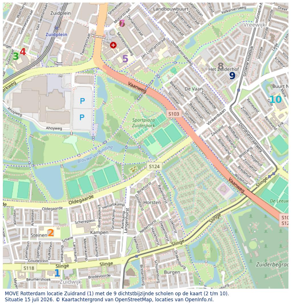 Kaart van de school met de tien dichtsbijzijnde scholen. Hierbij zijn de scholen genummerd van 1 tot en met 10. Nummer 1 is toegekend aan de schoolvestiging zelf: MOVE Rotterdam locatie Zuidrand.