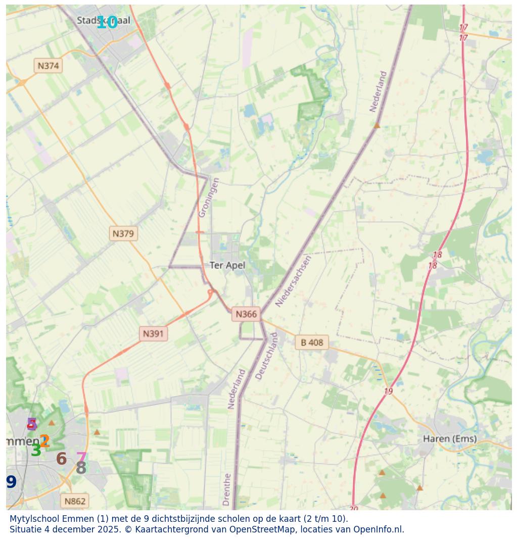 Kaart van de school met de tien dichtsbijzijnde scholen. Hierbij zijn de scholen genummerd van 1 tot en met 10. Nummer 1 is toegekend aan de schoolvestiging zelf: Mytylschool Emmen.