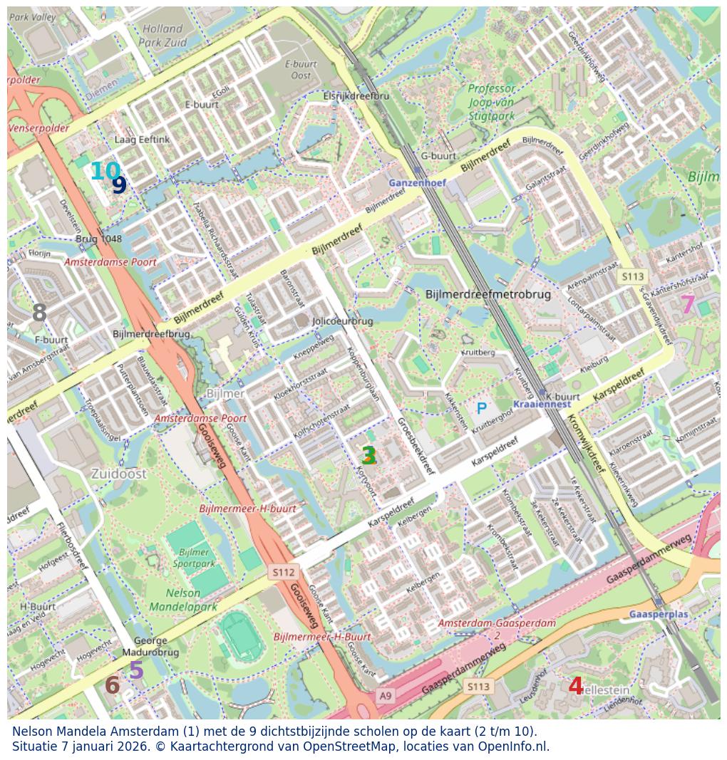 Kaart van de school met de tien dichtsbijzijnde scholen. Hierbij zijn de scholen genummerd van 1 tot en met 10. Nummer 1 is toegekend aan de schoolvestiging zelf: Nelson Mandela Amsterdam.