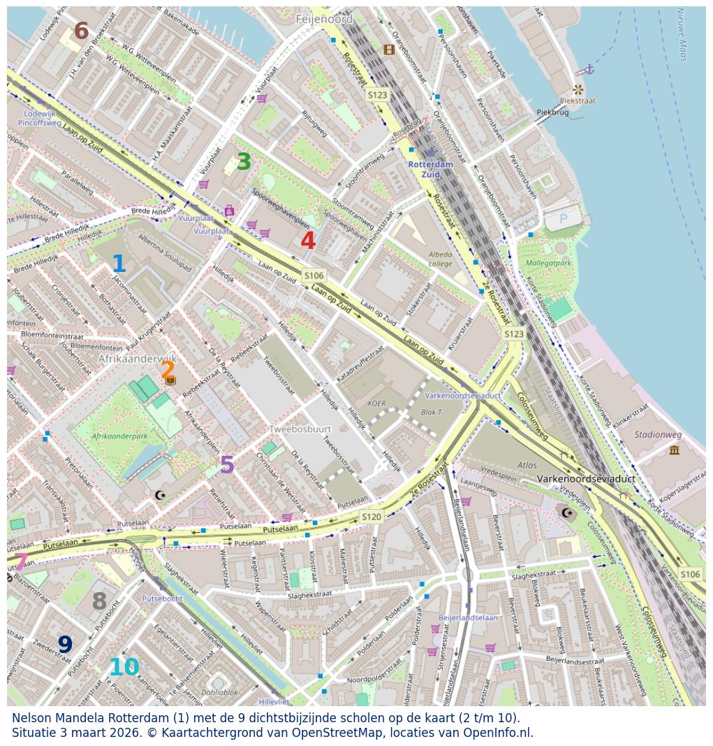 Kaart van de school met de tien dichtsbijzijnde scholen. Hierbij zijn de scholen genummerd van 1 tot en met 10. Nummer 1 is toegekend aan de schoolvestiging zelf: Nelson Mandela Rotterdam.