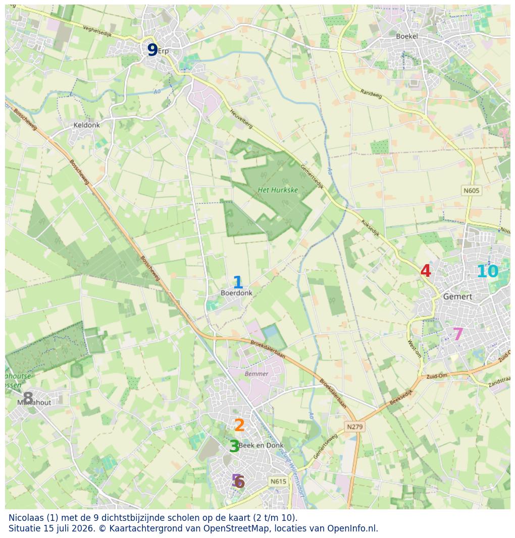 Kaart van de school met de tien dichtsbijzijnde scholen. Hierbij zijn de scholen genummerd van 1 tot en met 10. Nummer 1 is toegekend aan de schoolvestiging zelf: Nicolaas.