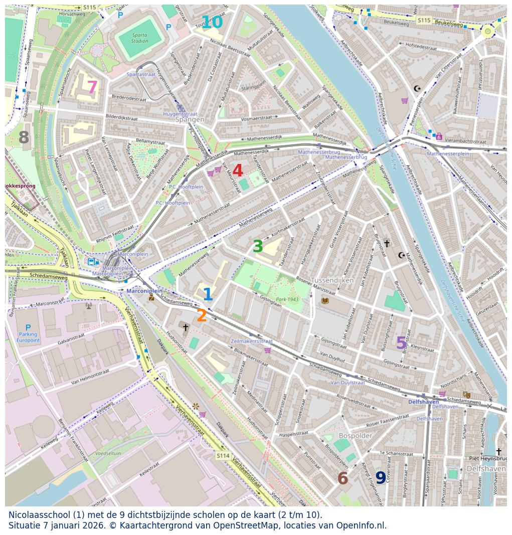 Kaart van de school met de tien dichtsbijzijnde scholen. Hierbij zijn de scholen genummerd van 1 tot en met 10. Nummer 1 is toegekend aan de schoolvestiging zelf: Nicolaasschool.