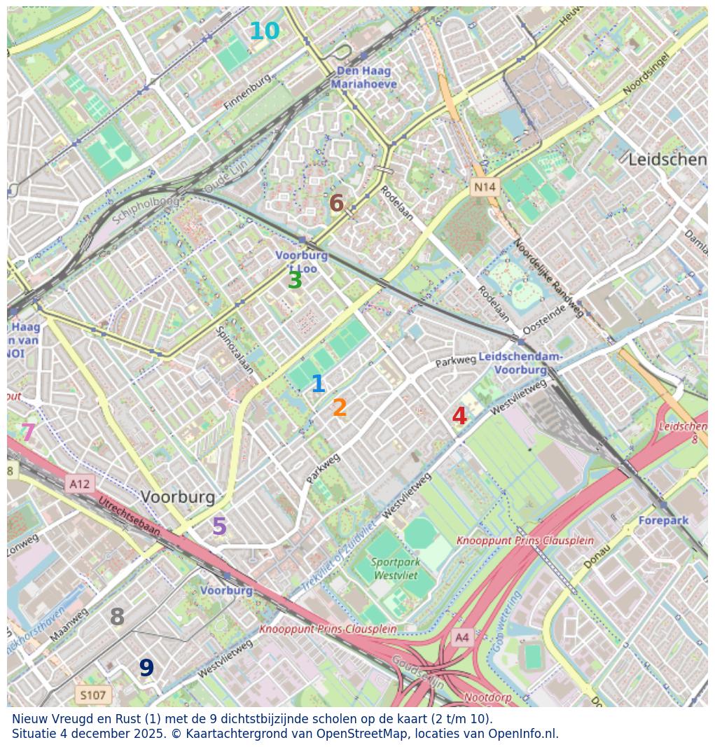 Kaart van de school met de tien dichtsbijzijnde scholen. Hierbij zijn de scholen genummerd van 1 tot en met 10. Nummer 1 is toegekend aan de schoolvestiging zelf: Nieuw Vreugd en Rust.