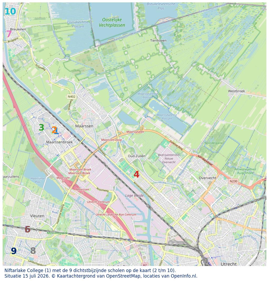 Kaart van de school met de tien dichtsbijzijnde scholen. Hierbij zijn de scholen genummerd van 1 tot en met 10. Nummer 1 is toegekend aan de schoolvestiging zelf: Niftarlake College.