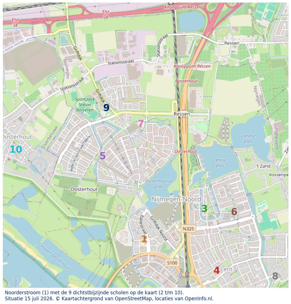 Kaart van de school met de tien dichtsbijzijnde scholen. Hierbij zijn de scholen genummerd van 1 tot en met 10. Nummer 1 is toegekend aan de schoolvestiging zelf: Noorderstroom.