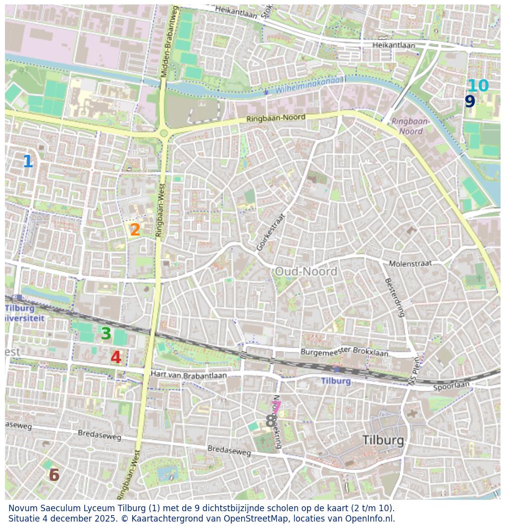 Kaart van de school met de tien dichtsbijzijnde scholen. Hierbij zijn de scholen genummerd van 1 tot en met 10. Nummer 1 is toegekend aan de schoolvestiging zelf: Novum Saeculum Lyceum Tilburg.