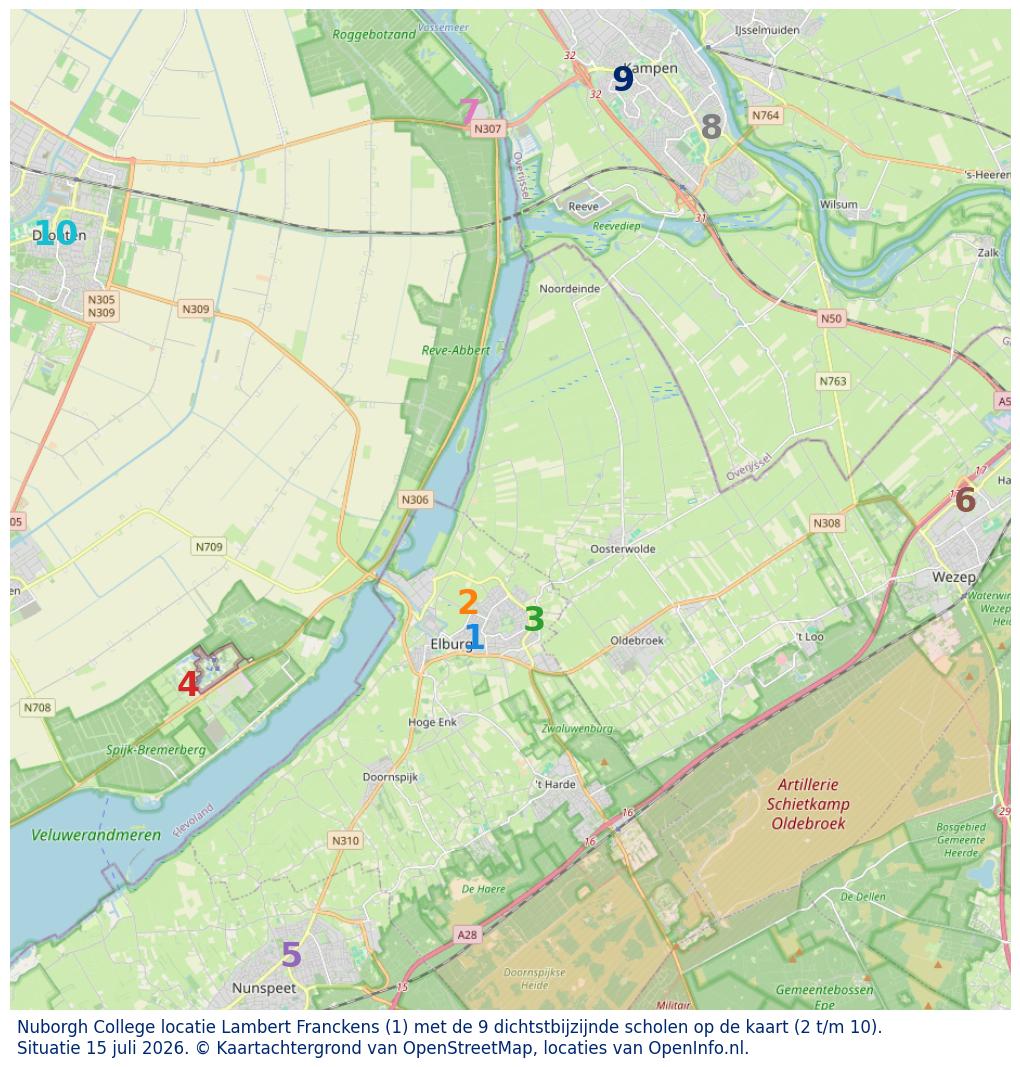 Kaart van de school met de tien dichtsbijzijnde scholen. Hierbij zijn de scholen genummerd van 1 tot en met 10. Nummer 1 is toegekend aan de schoolvestiging zelf: Nuborgh College locatie Lambert Franckens.