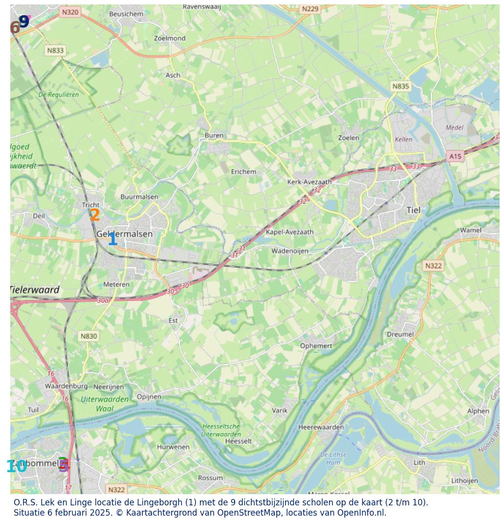 Kaart van de school met de tien dichtsbijzijnde scholen. Hierbij zijn de scholen genummerd van 1 tot en met 10. Nummer 1 is toegekend aan de schoolvestiging zelf: O.R.S. Lek en Linge locatie de Lingeborgh.